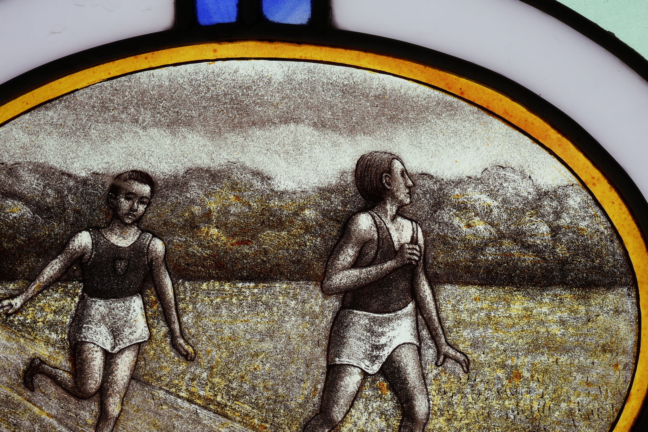 Art Deco Stained Glass Panel Depicting Runners in Motion, Belgium ca. 1910thumbnail